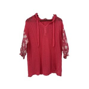 BIBI Santino Pointelle Hooded Open‎ Knit Top L beachy pink embroidered festival